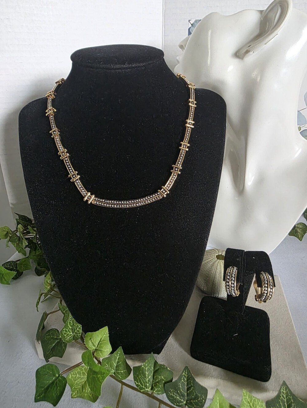 Vintage Two-Tone Gold & Silver Bead Link Necklace & Clip-On Earring Set
